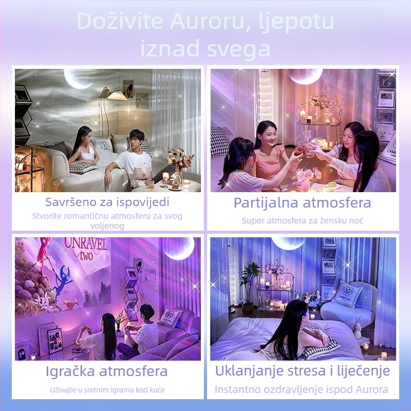 Projektor noćnog neba s aurorom i zvjezdanim nebom – noćno svjetlo, napajanje USB / ugrađena baterija / DC, Bluetooth zvuk, stolna uporaba