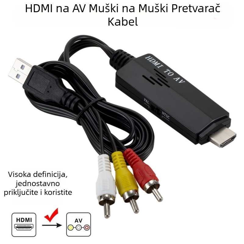 HDMI na AV adapter s RCA izlazima, 1080P, kabel duljine 1,1 m, podrška napajanju