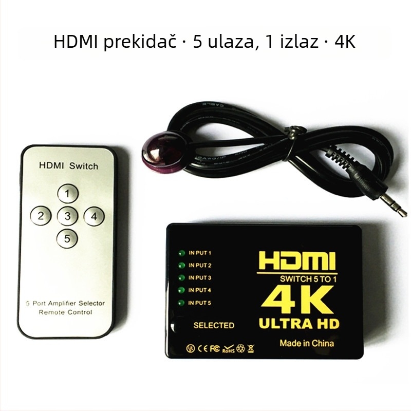 HDMI prekidač 5x1, 4K 30 Hz, s daljinskim upravljačem