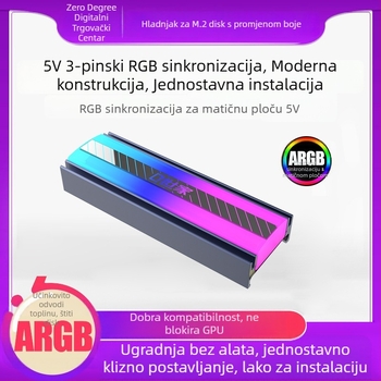 M.2 2280 SSD hladnjak s ARGB osvjetljenjem i sinkronizacijom streamer; Materijal: ABS + aluminijska legura + nehrđajući čelik; Uključuje termalnu podlogu.