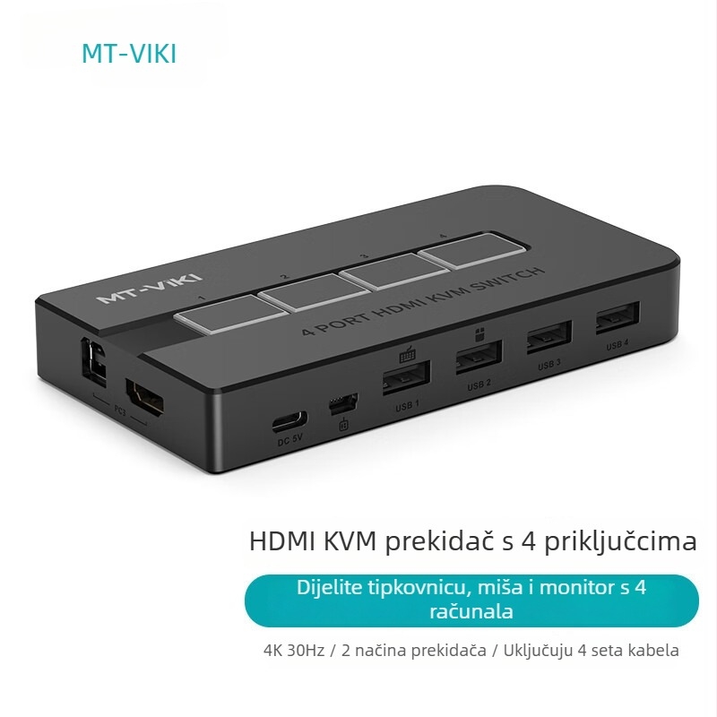 KVM prekidač MT-KH4, 4-port HDMI, 4K@30Hz, povratna kompatibilnost