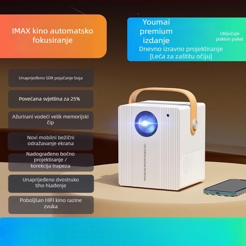 Pametni kućni projektor za dom, Ultra HD kućno kino, projekcija na zid s Wi‑Fi, zaštita vida