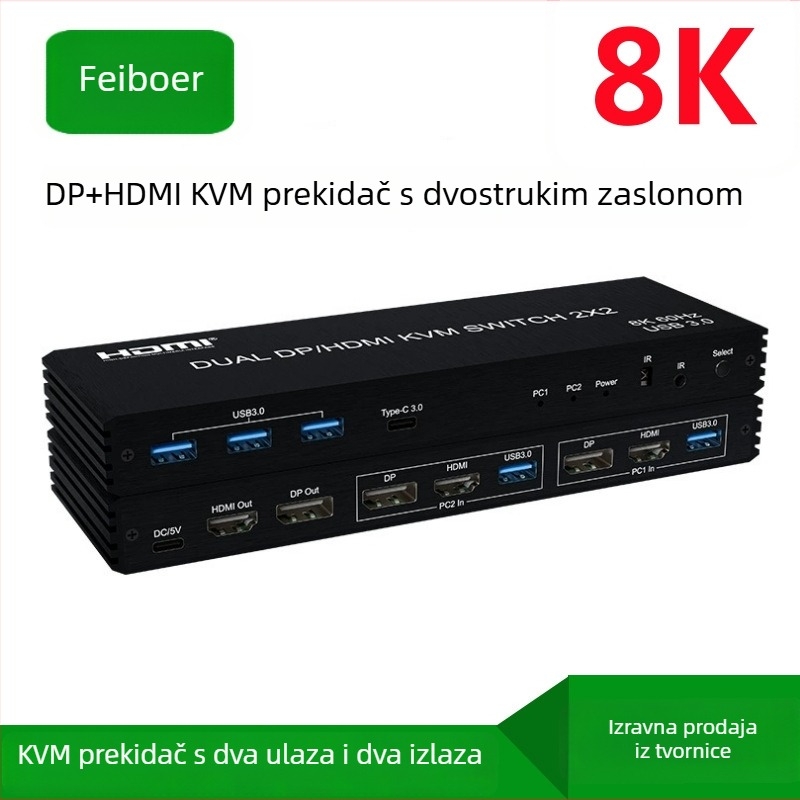 KVM prekidač za dvije ploče, 2-in-2-out HDMI/DP, dijeljena tipkovnica i miš, model IMX-HDP22, rezolucija 7680x4320, kabel 10 m