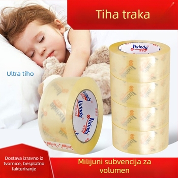 Paketna traka, visoka viskoznost, tih rad, na BOPP osnovi, ljepilo osjetljivo na pritisak; otpornost na temperaturu: 120°C dugoročno, 150°C kratkoročno.