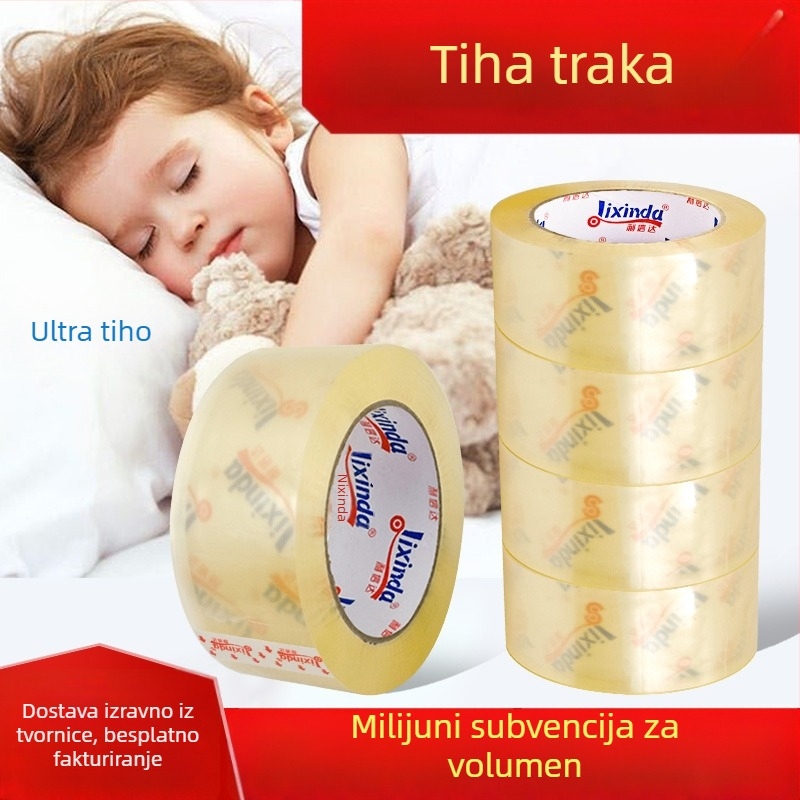 Paketna traka, visoka viskoznost, tih rad, na BOPP osnovi, ljepilo osjetljivo na pritisak; otpornost na temperaturu: 120°C dugoročno, 150°C kratkoročno.