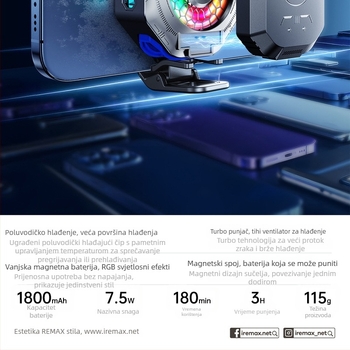 RT-F16 mobitel hlađenje s magnetskim stražnjim klipom, 7.5W priključak / 3.7W baterija, ABS+ aluminij, USB-C, 115 g