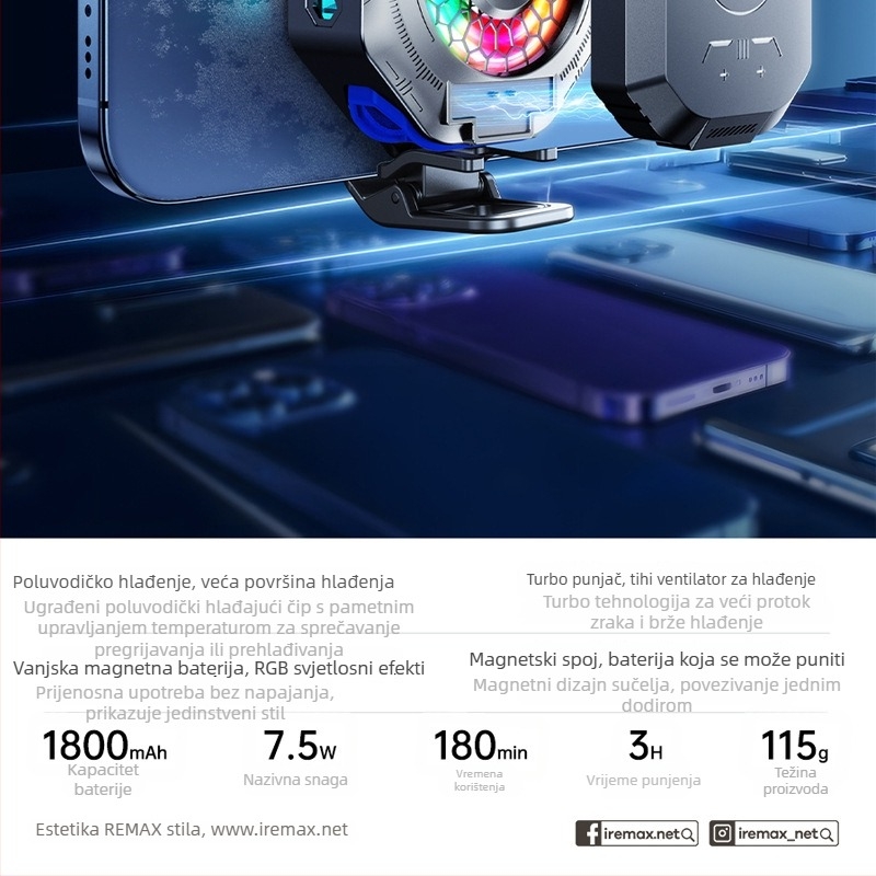 RT-F16 mobitel hlađenje s magnetskim stražnjim klipom, 7.5W priključak / 3.7W baterija, ABS+ aluminij, USB-C, 115 g