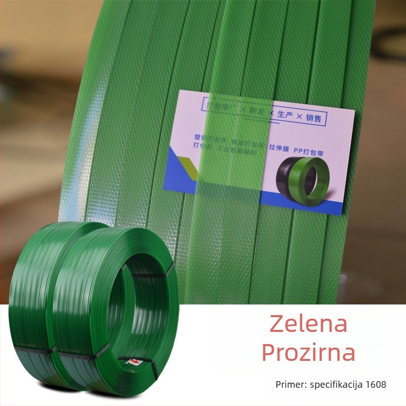 PET plastično-čelični trak za pakiranje, širina 16 mm, debljina 1,0 mm, zelena/crna, model 1608, snaga rastezanja 6400 N