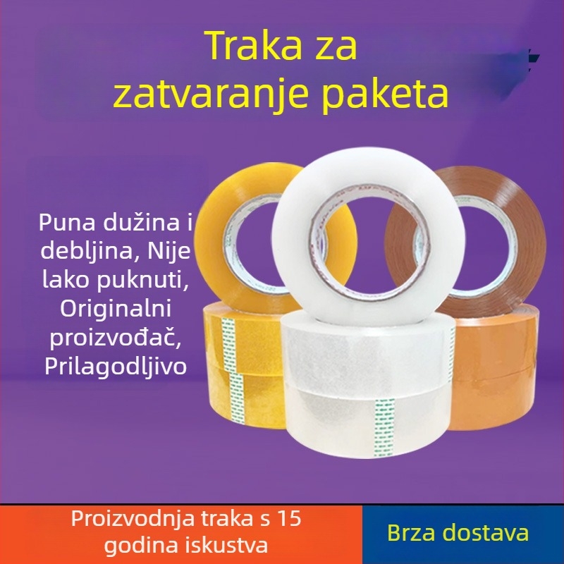 Paketna traka od BOPP-a, prozirna, visoka adhezija; debljina filma 52–55 μm; prozirno ljepilo; rezanje alatima; kratkoročna temperaturna otpornost do 80°C