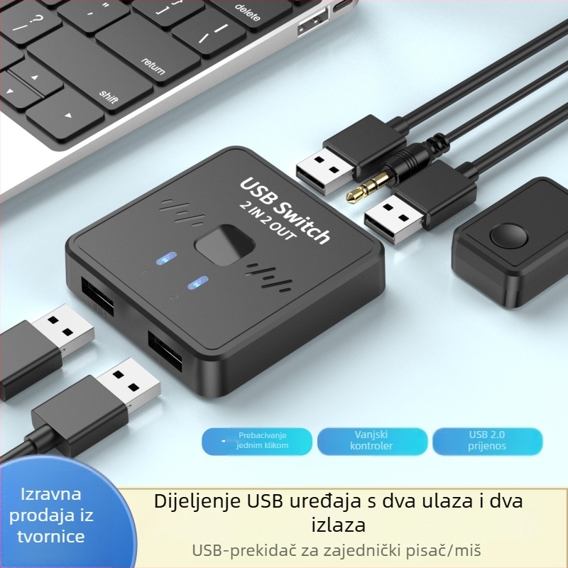 USB prekidač 2 na 2 za tipkovnicu, miš i USB uređaje, USB 2.0, kompatibilan s Windowsom