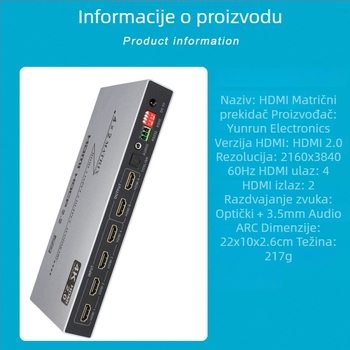 HDMI matrica prekidač 4x2, 4K60 s EDID i RS232 kontrolom