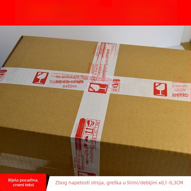 Lenta za pakiranje krhkih artikala uz upozorenje, BOPP film osnove, hidrokloloidno ljepilo, debljina 52 μm, mogućnost rezanja alatom za rezanje, namijenjena zatvaranju i pakiranju