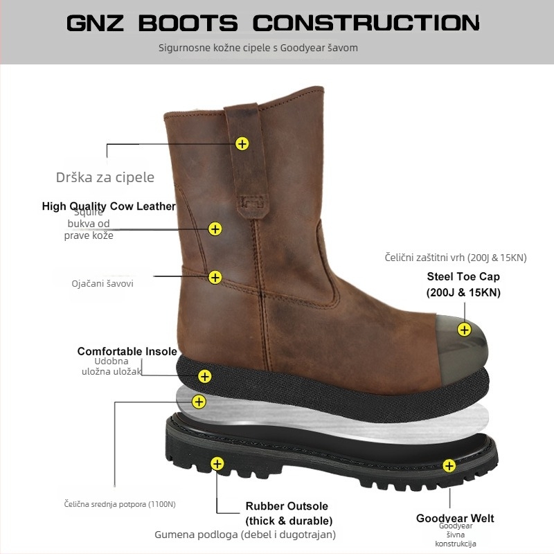 Visoke radne čizme od kože s čeličnom prstom, zaštita od udara i bušenja, otporne na ulje i kiselinu, protuklizna potplata