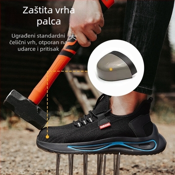 Sigurnosne cipele s čeličnim nosom za zaštitu od udara i probijanja; gornji dio od mikrovlaknaste kože i flymesh mreže; niski gležanj; lagane i prozračne; pogodne za gradilišta i radionice
