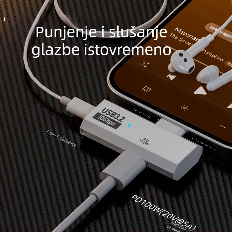 Type-C adapter 1 na 2 s PD 100W brzo punjenje i digitalnim audio pretvaračem za slušalice