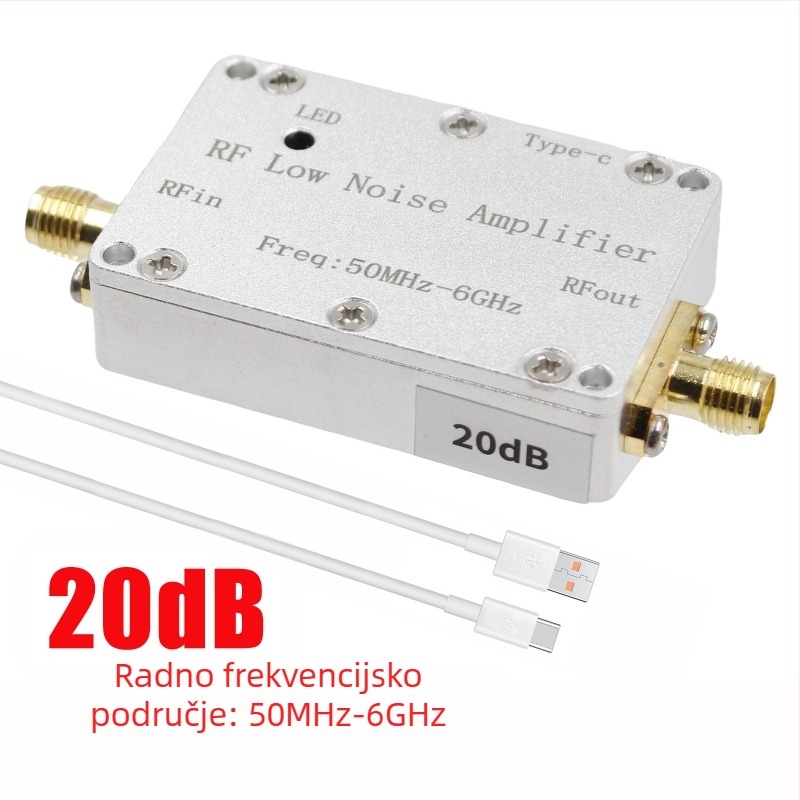 RF niskoszumni pojačivač, 50 MHz–6 GHz, dobitak 20–30 dB, prednji LNA, prijem signala
