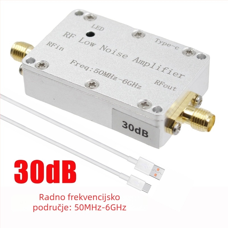 RF niskoszumni pojačivač, 50 MHz–6 GHz, dobitak 20–30 dB, prednji LNA, prijem signala