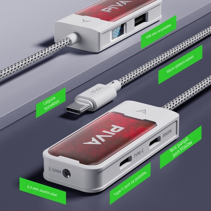 Piva G41 USB-C adapter za slušalice, 4-in-1 hub za punjenje i audio reprodukciju; kompatibilan s Apple, Huawei, Xiaomi, Android telefonom i tabletima