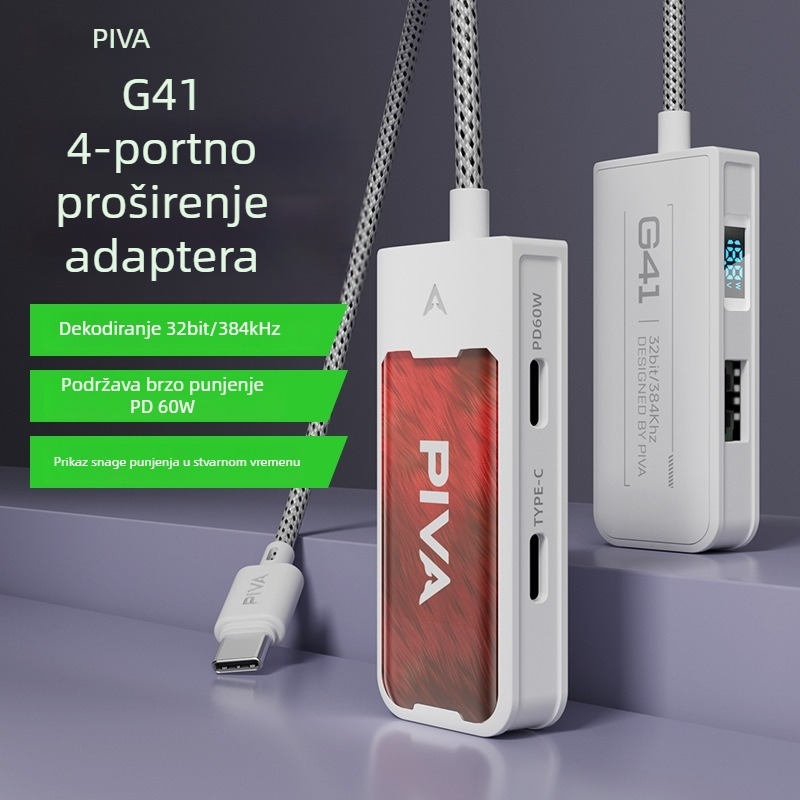 Piva G41 USB-C adapter za slušalice, 4-in-1 hub za punjenje i audio reprodukciju; kompatibilan s Apple, Huawei, Xiaomi, Android telefonom i tabletima