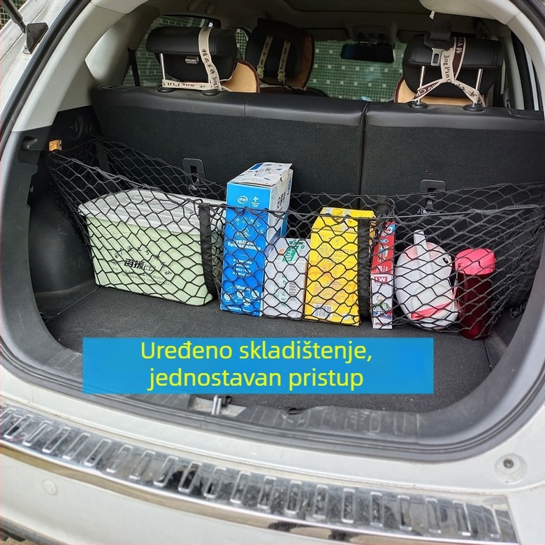 Auto mreža za prtljažnik, tri pretinca, višefunkcionalna dvostruka mreža, viseći dizajn; poliester; za prtljažnik; viseći tip; tiskanje logotipa