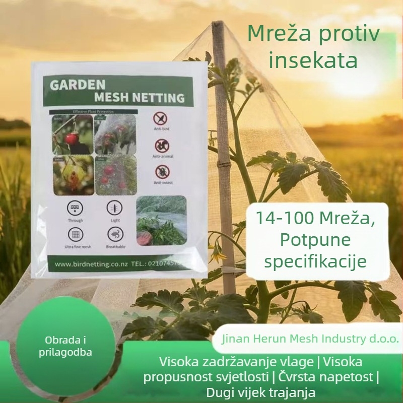Čvrsta mreža protiv insekata za staklenik, polietilenski materijal, model 002, otvori 14–120, promjer vlakana 10–20, trajanje 3–5 godina