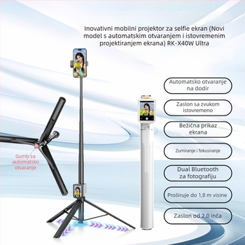 Selfie štap s projekcijskim zaslonom - Bluetooth daljinsko, aluminijsko tijelo, stabilizacija slike u tijelu