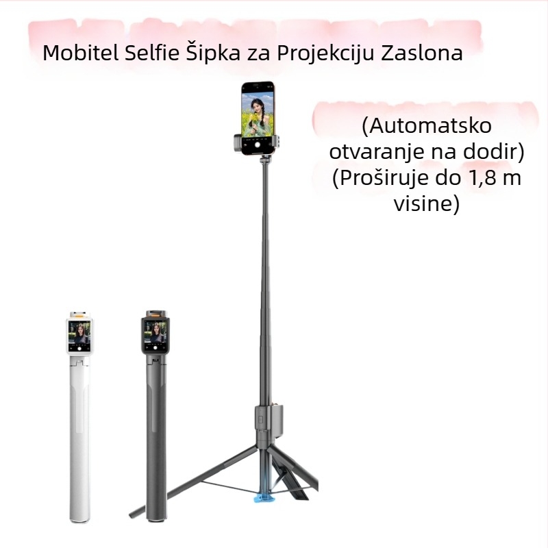 Selfie štap s projekcijskim zaslonom - Bluetooth daljinsko, aluminijsko tijelo, stabilizacija slike u tijelu