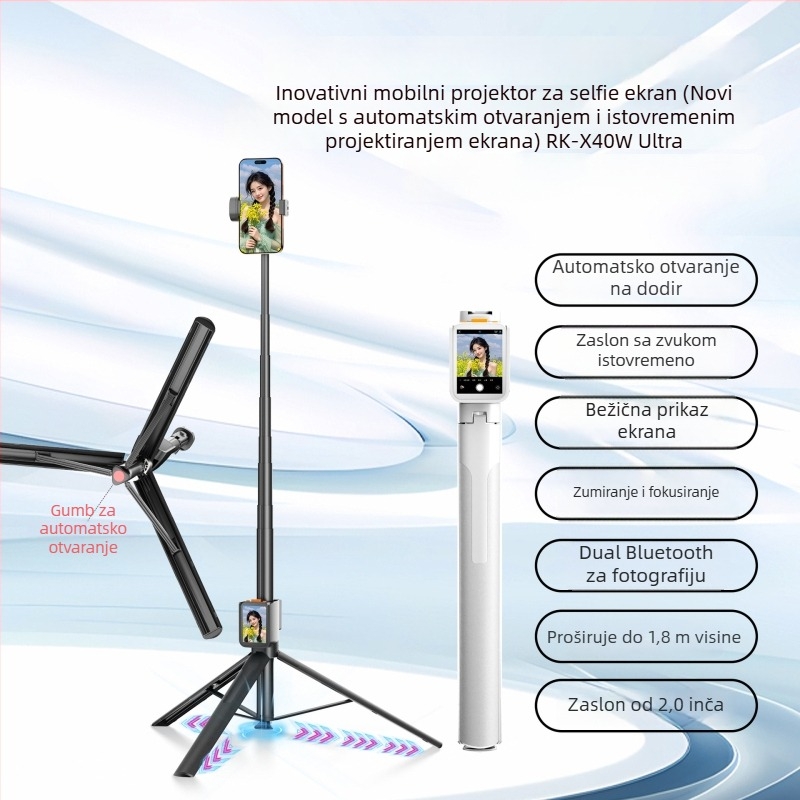 Selfie štap s projekcijskim zaslonom - Bluetooth daljinsko, aluminijsko tijelo, stabilizacija slike u tijelu