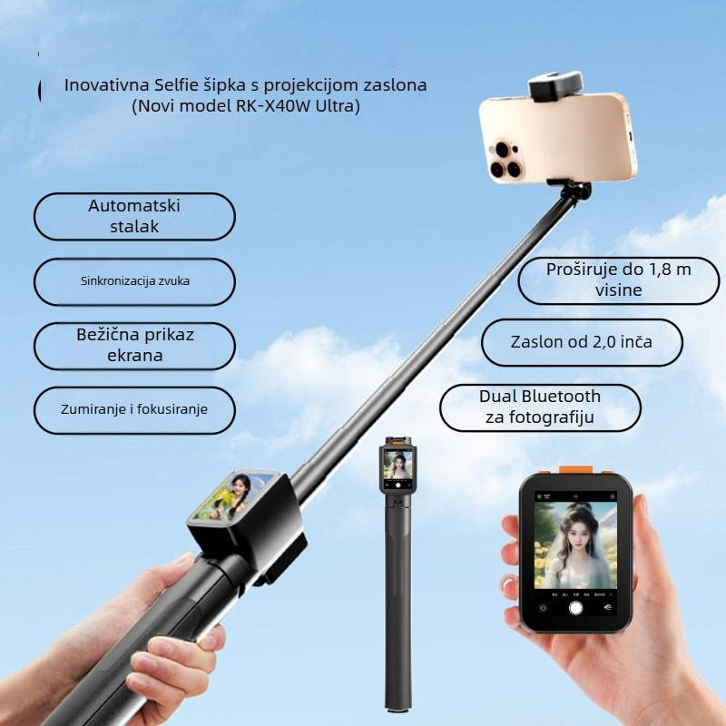 Selfie štap s projekcijskim zaslonom - Bluetooth daljinsko, aluminijsko tijelo, stabilizacija slike u tijelu