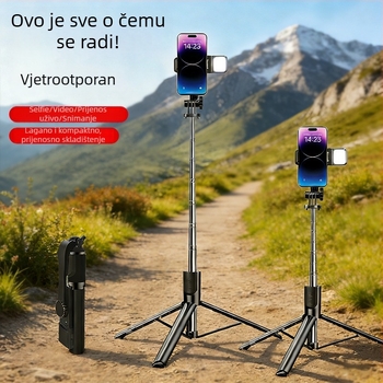 Selfie štapić tripod s bežičnim Bluetoothom, rasvjetom i daljinskim upravljačem — ABS+Metal, univerzalna kompatibilnost