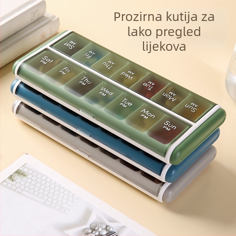 Kutija za pilule s 14 pretinaca, otporna na prašinu, ABS plast, kapacitet 2 L, mogućnost otiska loga