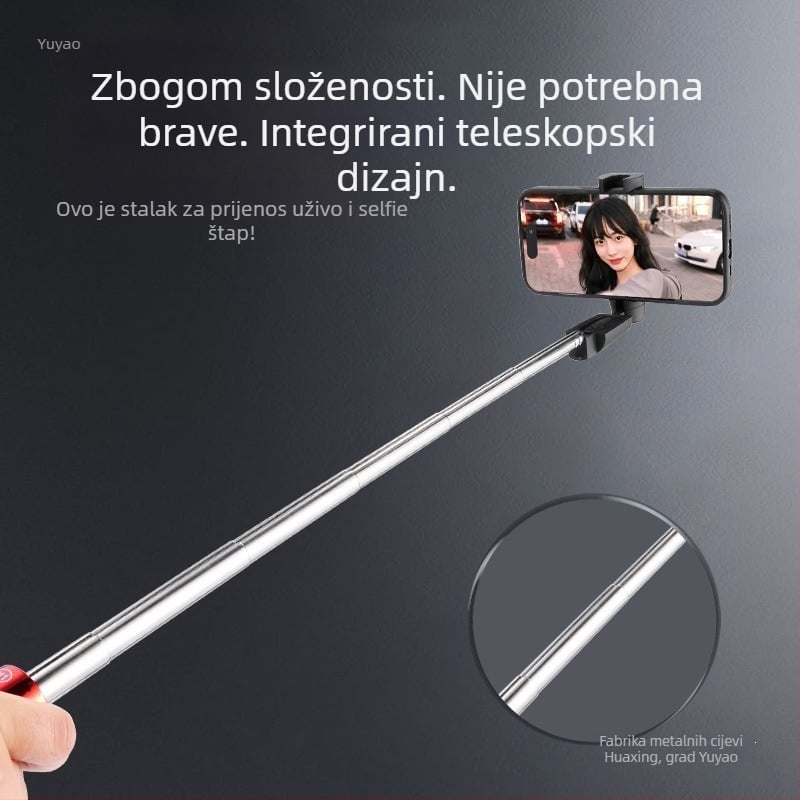 Selfie štap tripod – nehrđajući čelik, 360° rotacija, Bluetooth daljinski, stabilizacija slike, univerzalni držač