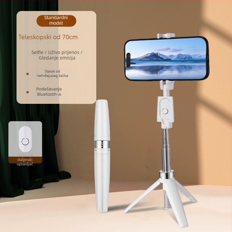 Selfie štap tripod – nehrđajući čelik, 360° rotacija, Bluetooth daljinski, stabilizacija slike, univerzalni držač