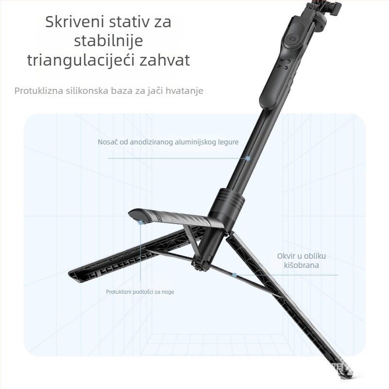 Četveronožni selfie štap za telefon s LED rasvjetom, Bluetooth daljinskim upravljačem, podna i ručna upotreba, univerzalni višenamjenski
