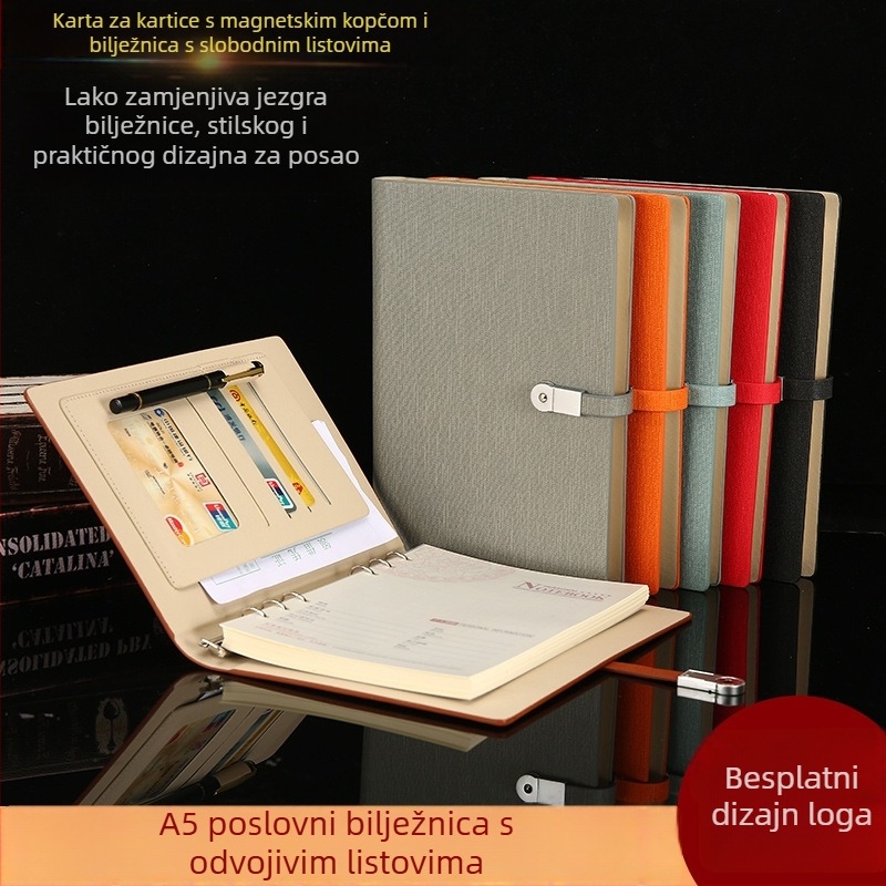 Bilježnica s PU kožnim izgledom i imitacijom platnene teksture, USB kopča, vezivanje s labavim listovima, Dowling papir 80 gsm, 100–200 stranica