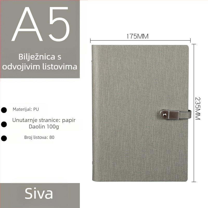 Bilježnica s PU kožnim izgledom i imitacijom platnene teksture, USB kopča, vezivanje s labavim listovima, Dowling papir 80 gsm, 100–200 stranica