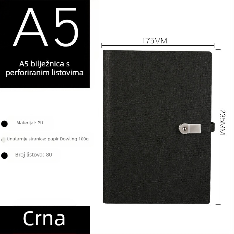 Bilježnica s PU kožnim izgledom i imitacijom platnene teksture, USB kopča, vezivanje s labavim listovima, Dowling papir 80 gsm, 100–200 stranica