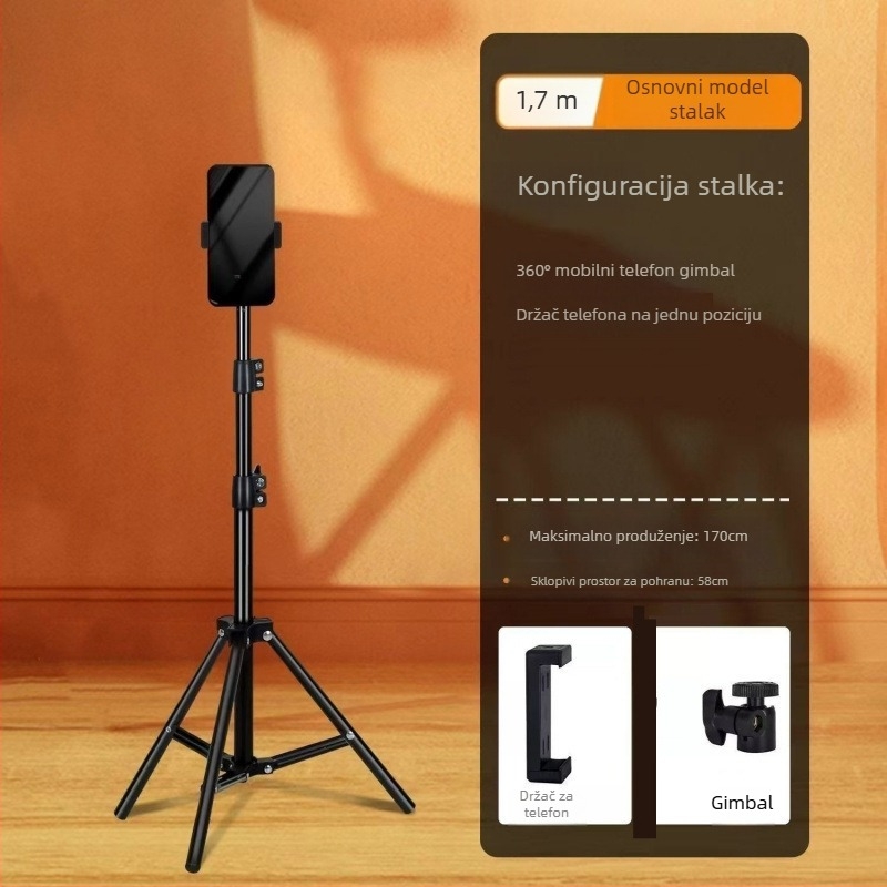 Držač za telefon s trostranim stativom za selfie i live stream • Metalno tijelo • Univerzalni stil • Bez daljinskog upravljača • Bez Bluetooth