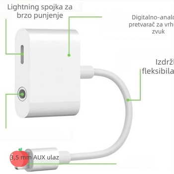 Dvostruki adapter 3,5 mm i Lightning za slušanje glazbe i punjenje – Model A (Nije kompatibilan s iPhone 15)