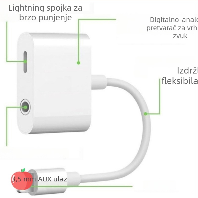 Dvostruki adapter 3,5 mm i Lightning za slušanje glazbe i punjenje – Model A (Nije kompatibilan s iPhone 15)