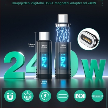 USB-C PD24Pin magnetski adapter, 240W brzo punjenje, digitalni zaslon, prijenos 8K videa