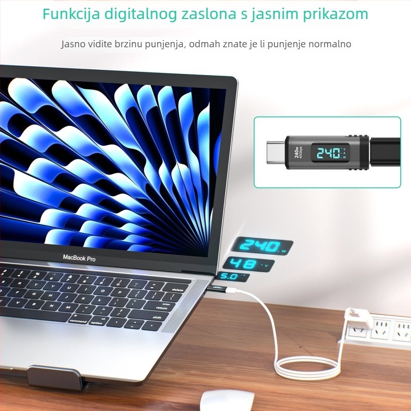USB-C PD24Pin magnetski adapter, 240W brzo punjenje, digitalni zaslon, prijenos 8K videa