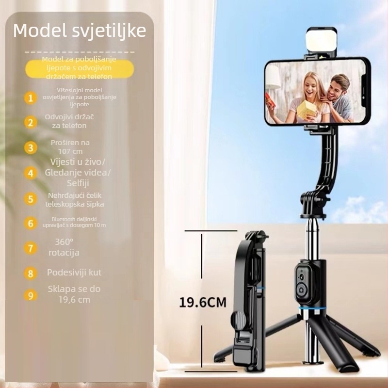 ZACH Odvojiva selfie štapa s Bluetoothom, stolnim držačem, rasvjetom i klipom za telefon – mini stativ