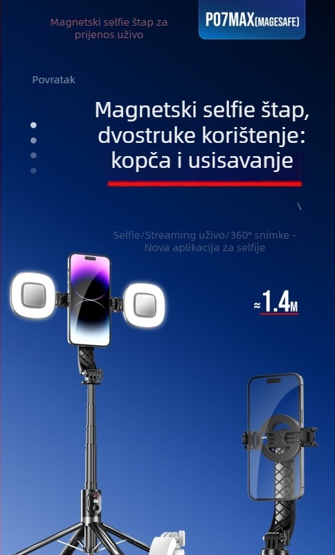 P07Max MagSafe magnetski selfie štapić s četverostrukim stativom, aluminijska legura, Bluetooth daljinski upravljač, protiv podrhtavanja, rasvjeta za fotografiranje