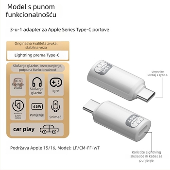 Adapter Type-C na Lightning za Apple slušalice — PD45W brzo punjenje, inline kontrole, Hi‑Fi zvuk