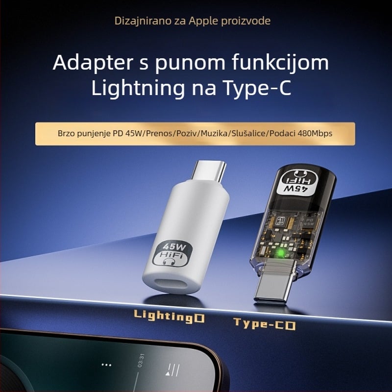 Adapter Type-C na Lightning za Apple slušalice — PD45W brzo punjenje, inline kontrole, Hi‑Fi zvuk