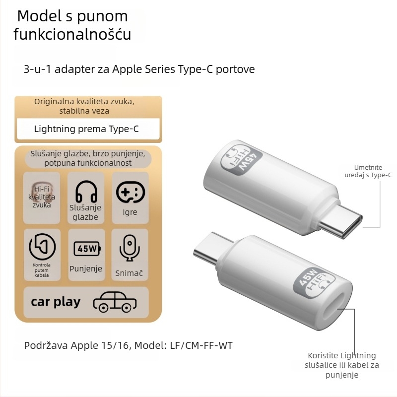Adapter Type-C na Lightning za Apple slušalice — PD45W brzo punjenje, inline kontrole, Hi‑Fi zvuk