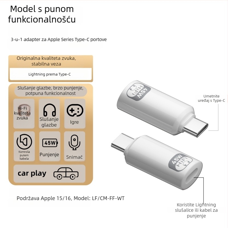 Adapter Type-C na Lightning za Apple slušalice — PD45W brzo punjenje, inline kontrole, Hi‑Fi zvuk