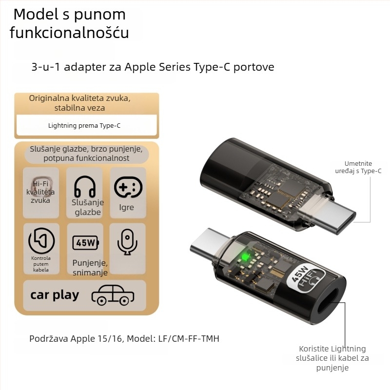 Adapter Type-C na Lightning za Apple slušalice — PD45W brzo punjenje, inline kontrole, Hi‑Fi zvuk