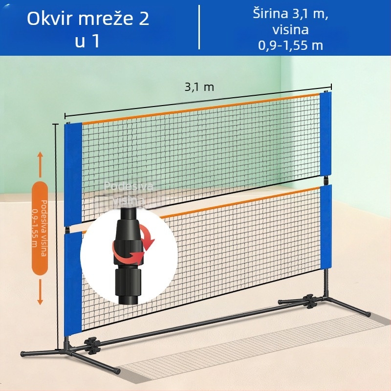 Prijenosni okvir mreže za badminton za unutarnju i vanjsku upotrebu, dva u jednom, prilagodljiv